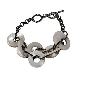 Elegant Mother Of Pearl Disc Bead Silver Tone Twist Chain Statement Bracelet
